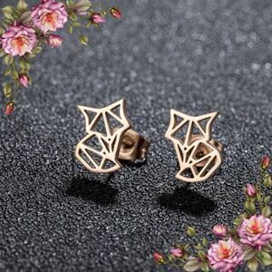 Stainless Steel Cute Fox Ear Studs Rose Gold Origami Animal Earrings